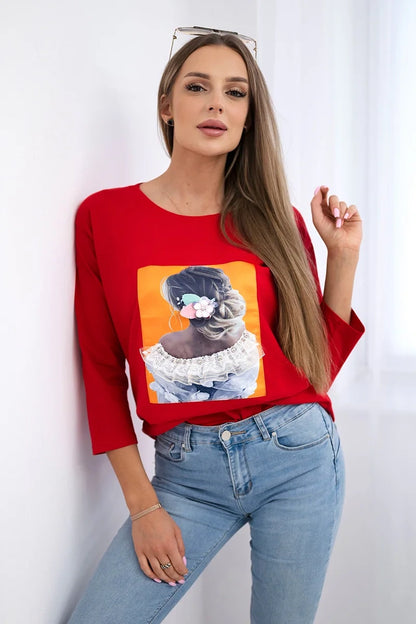 Blúzka s grafikou 3D, čipka červená univerzálne