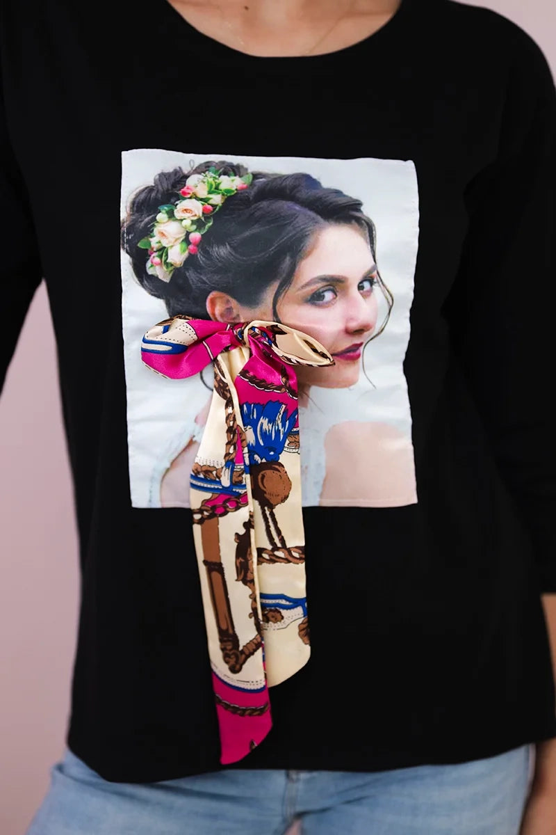 Blúzka s grafikou a farebným lukom 3D čierna univerzálne