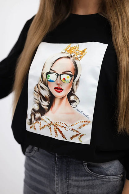 Blúzka s grafikou dievčaťa v okuliaroch 3D čierna univerzálne