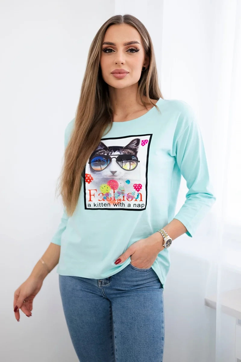 Blúzka s mačkovou grafikou 3D mäta univerzálne