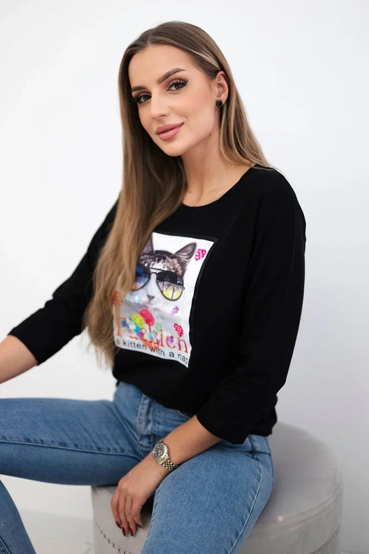 Blúzka s mačkovou grafikou 3D čierna univerzálne