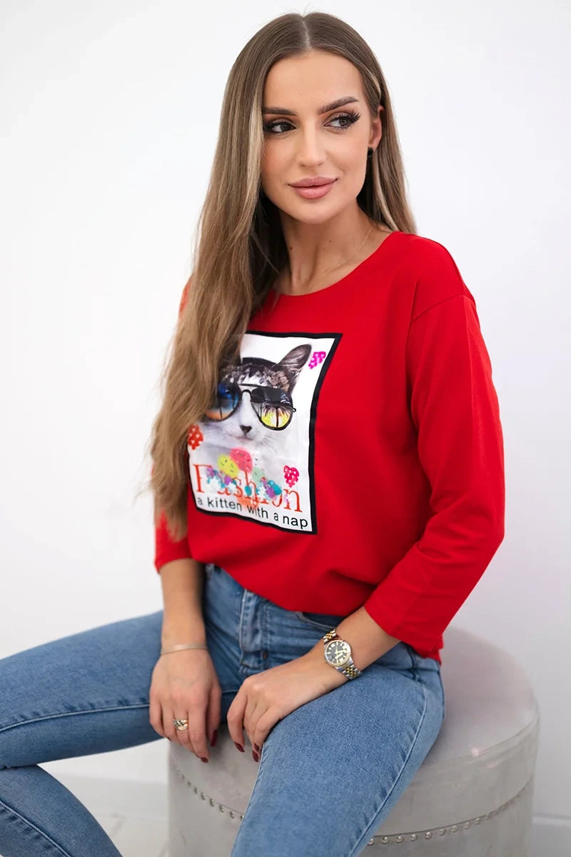 Blúzka s mačkovou grafikou 3D červená univerzálne