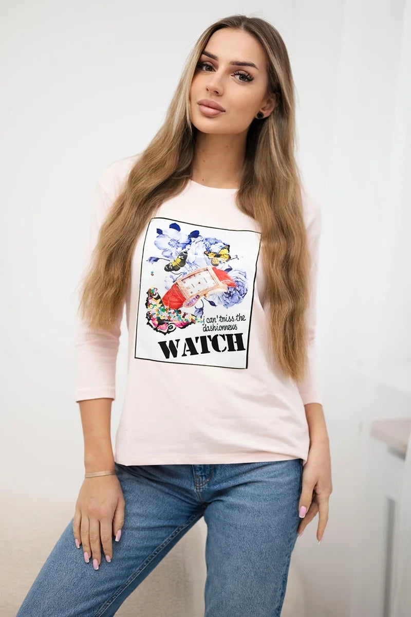 Blúzka s grafikou 3D Watch prášková ružová univerzálne