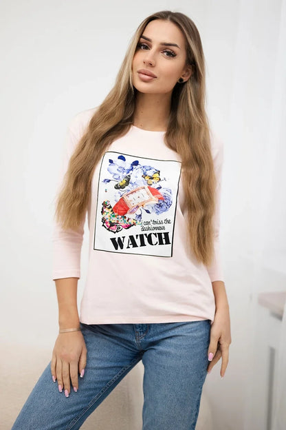 Blúzka s grafikou 3D Watch prášková ružová univerzálne