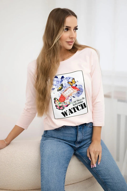 Blúzka s grafikou 3D Watch prášková ružová univerzálne