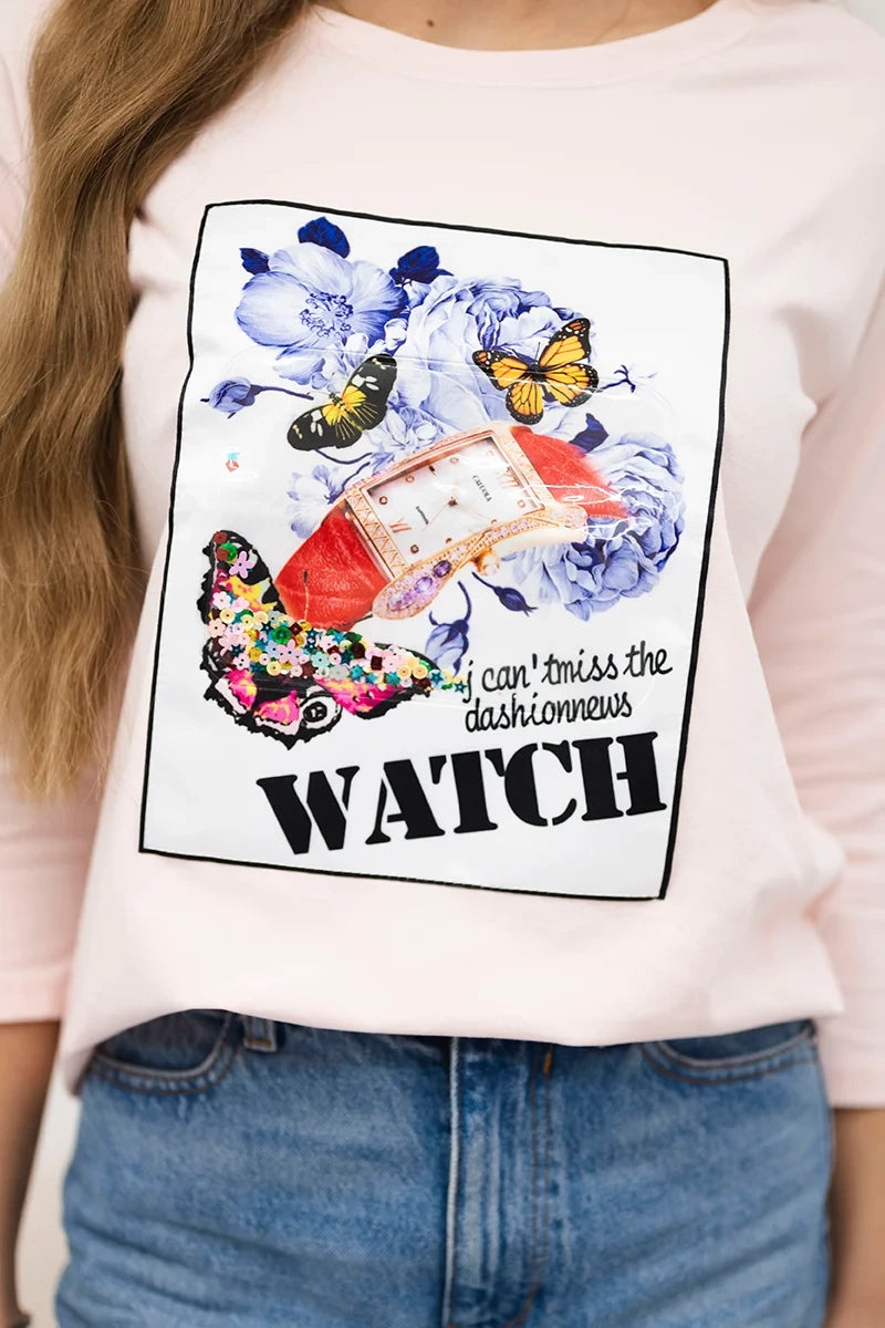 Blúzka s grafikou 3D Watch prášková ružová univerzálne