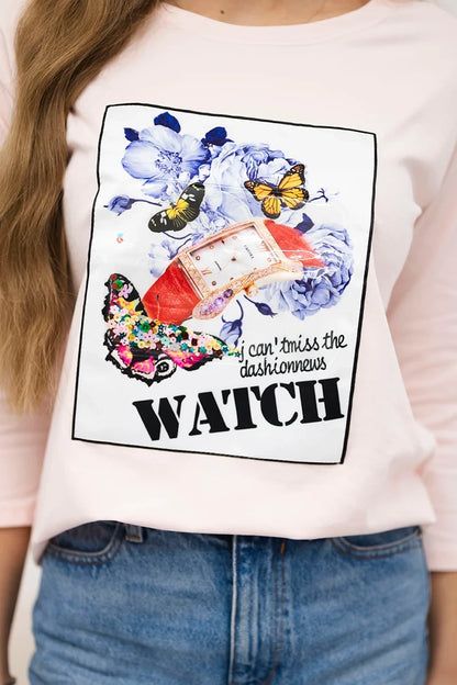 Blúzka s grafikou 3D Watch prášková ružová univerzálne