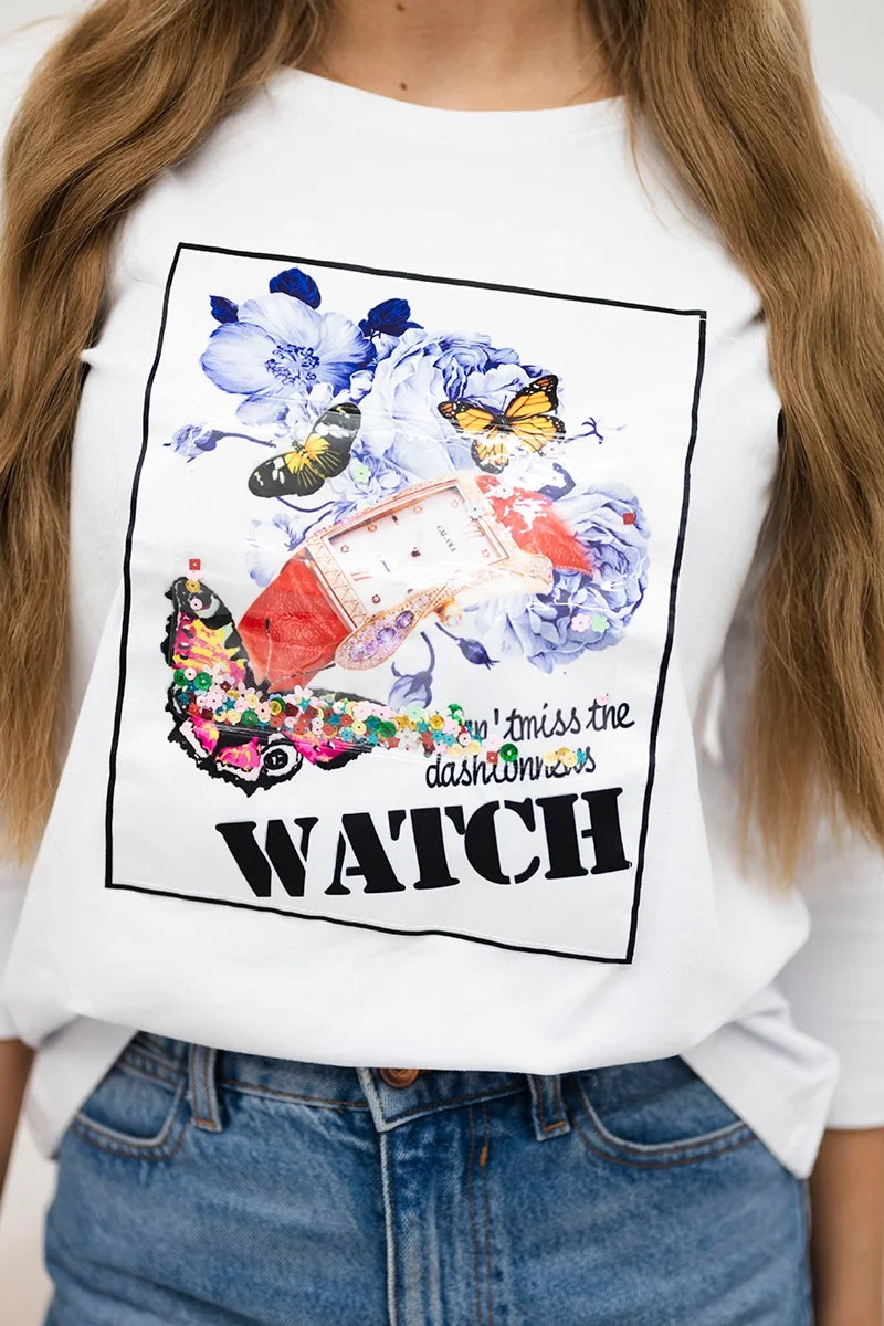 Blúzka s grafikou 3D Watch biela univerzálne