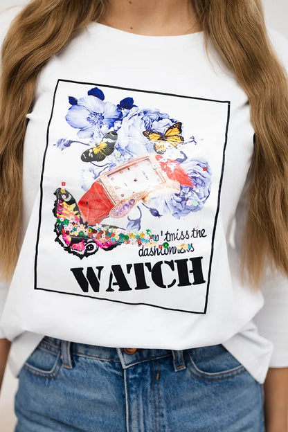 Blúzka s grafikou 3D Watch biela univerzálne