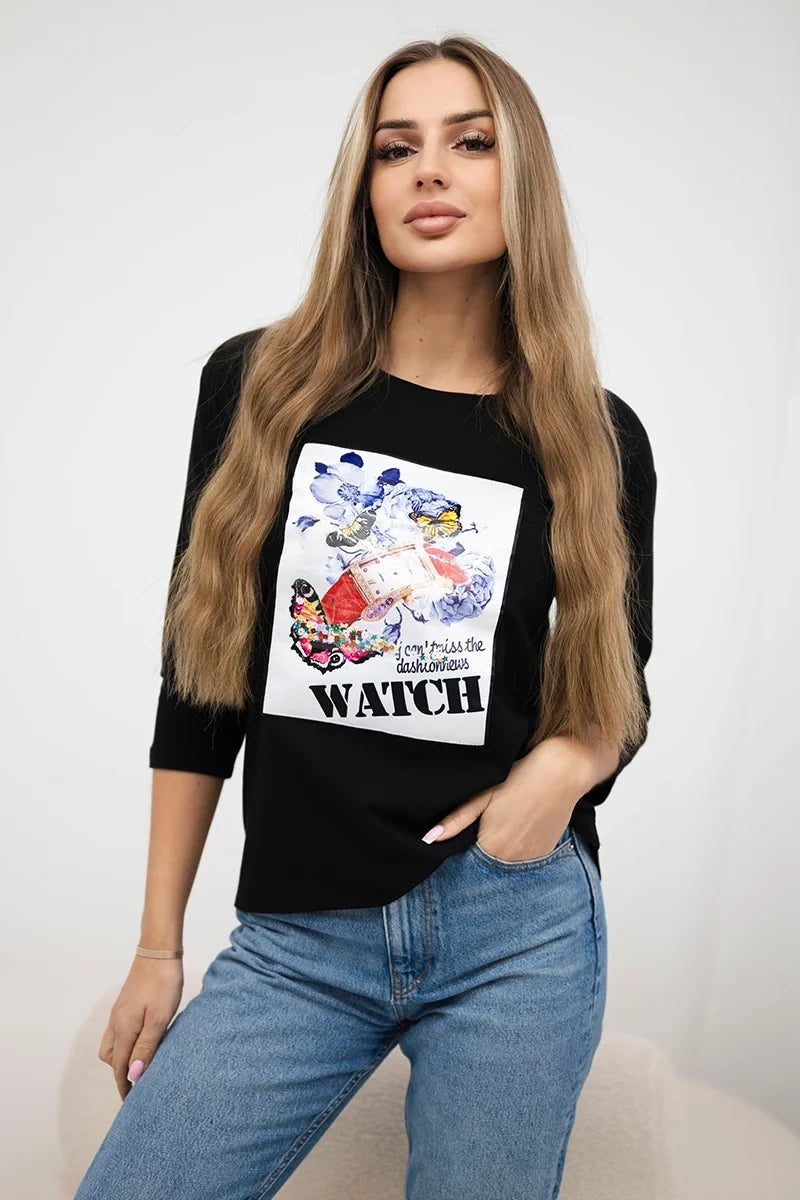 Blúzka s grafikou 3D Watch čierna univerzálne