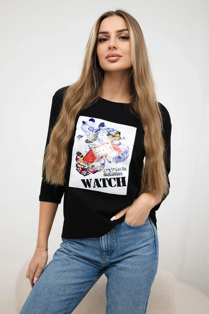 Blúzka s grafikou 3D Watch čierna univerzálne