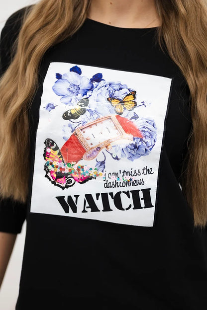 Blúzka s grafikou 3D Watch čierna univerzálne