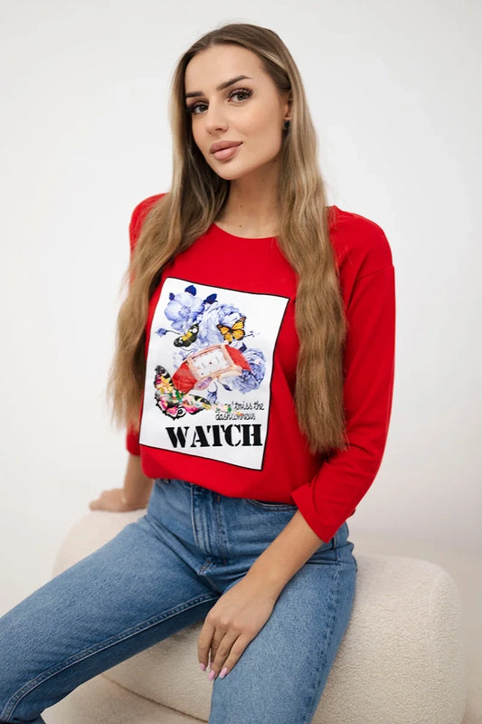 Blúzka s grafikou 3D Watch červená univerzálne