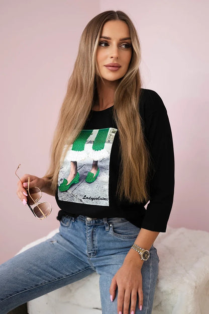 Blúzka s grafikou 3D so zirkónmi čierna univerzálne