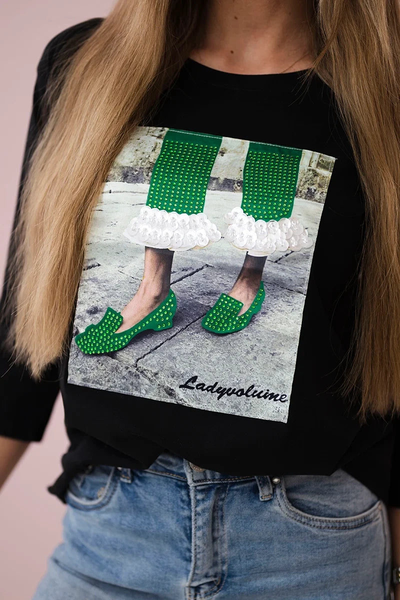 Blúzka s grafikou 3D so zirkónmi čierna univerzálne