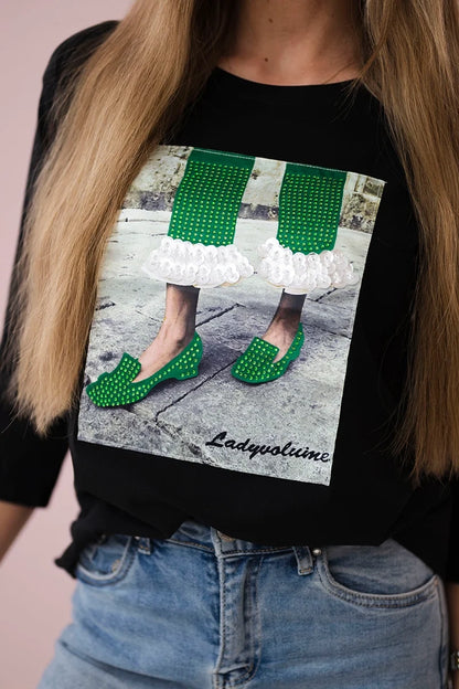 Blúzka s grafikou 3D so zirkónmi čierna univerzálne