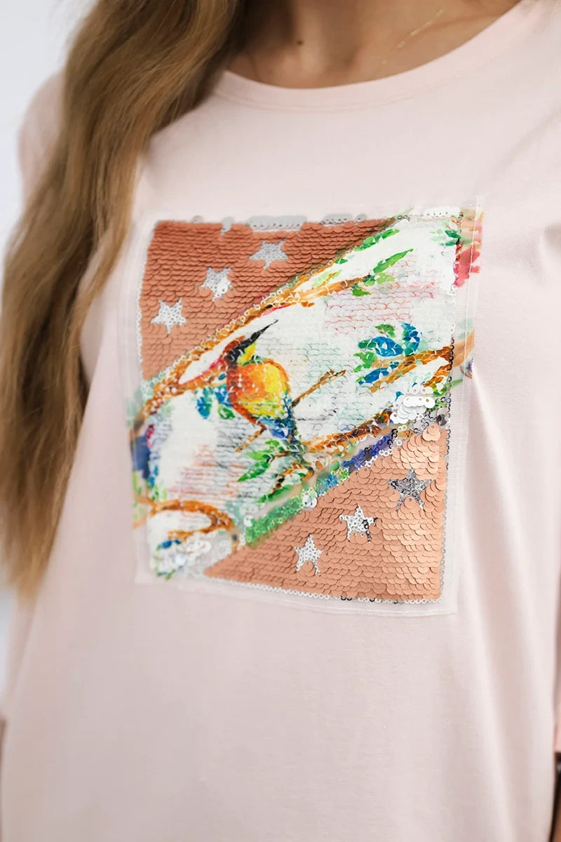 Blúzka s grafikou 3D Bird prášková ružová univerzálne