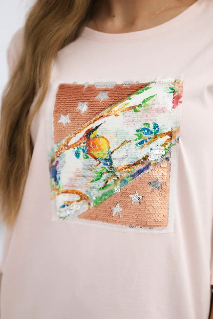 Blúzka s grafikou 3D Bird prášková ružová univerzálne