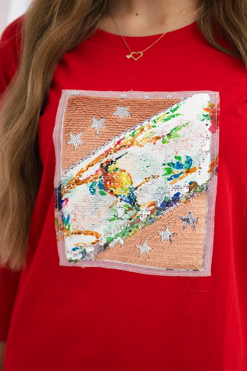 Blúzka s grafikou 3D Bird červená univerzálne