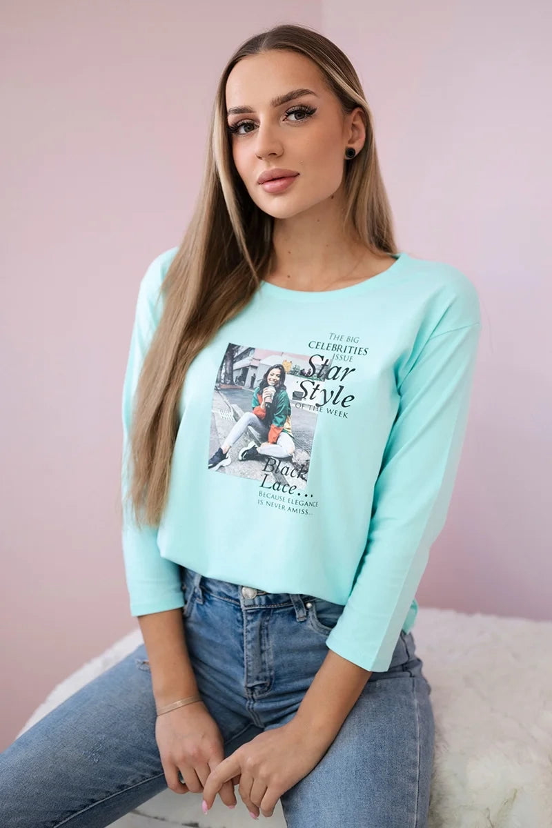 Blúzka s potlačou Star Style mäta univerzálne
