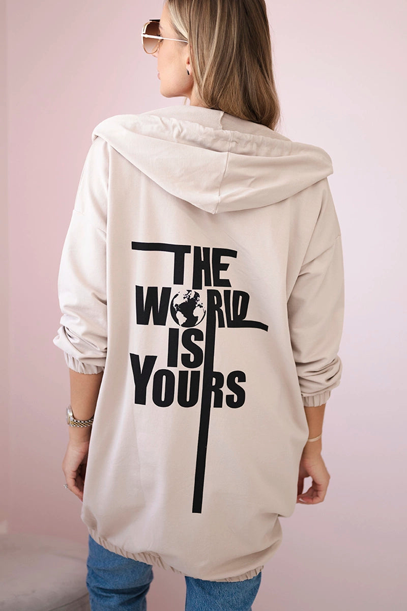 Mikina s potlačou "The world is yours" svetlo béžová univerzálne