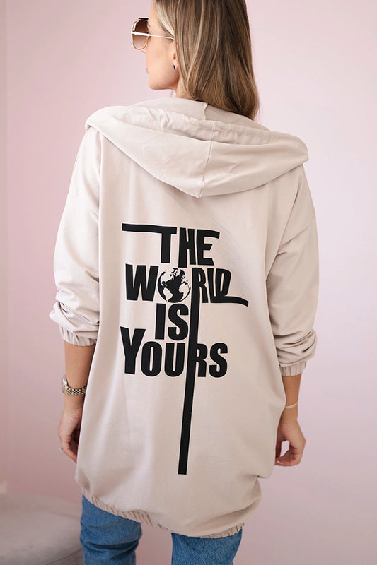 Mikina s potlačou "The world is yours" svetlo béžová univerzálne