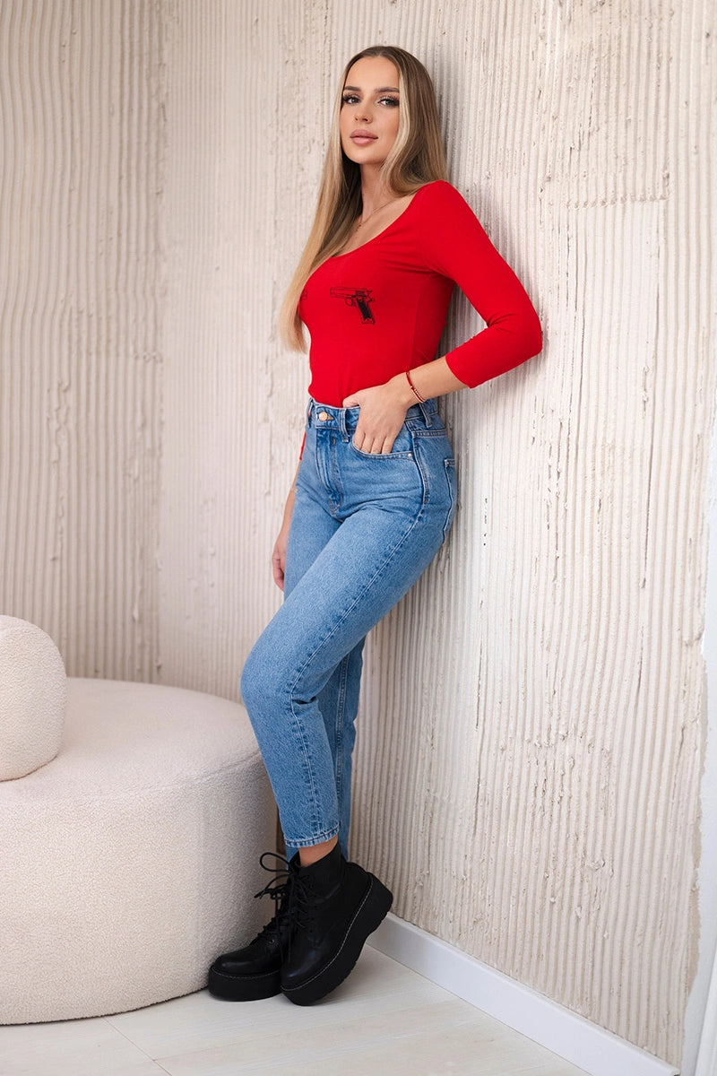 Telová blúzka s potlačou pištolí červená univerzálne