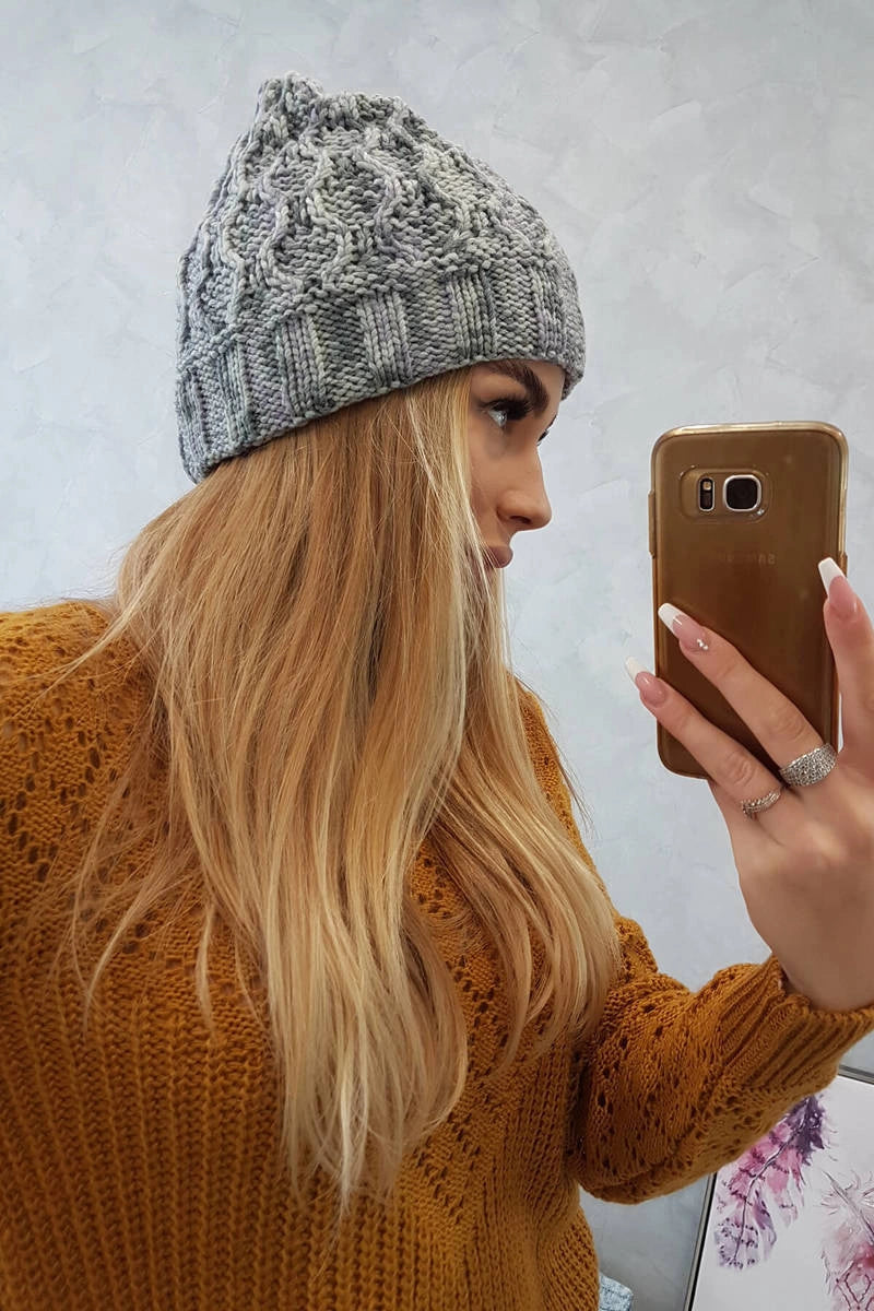 Čiapka s otočením nahor Eliza K205 šedá + fialová + ecru univerzálne