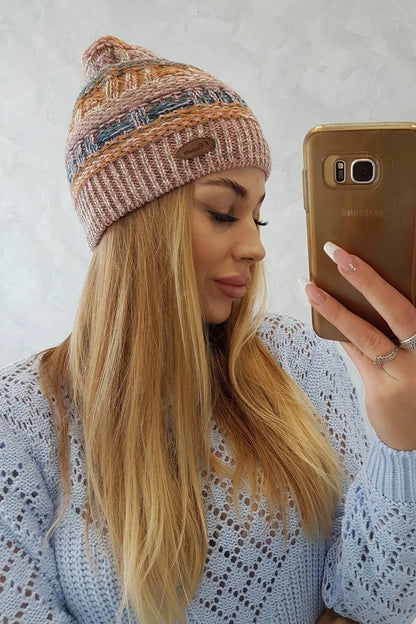 Čapica s fleece Patrycja K254 ružová + cappuccino univerzálne