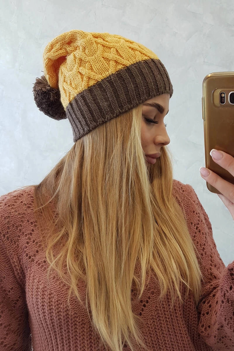 Čapica s fleece Bibiana K264 mocca + žltá univerzálne