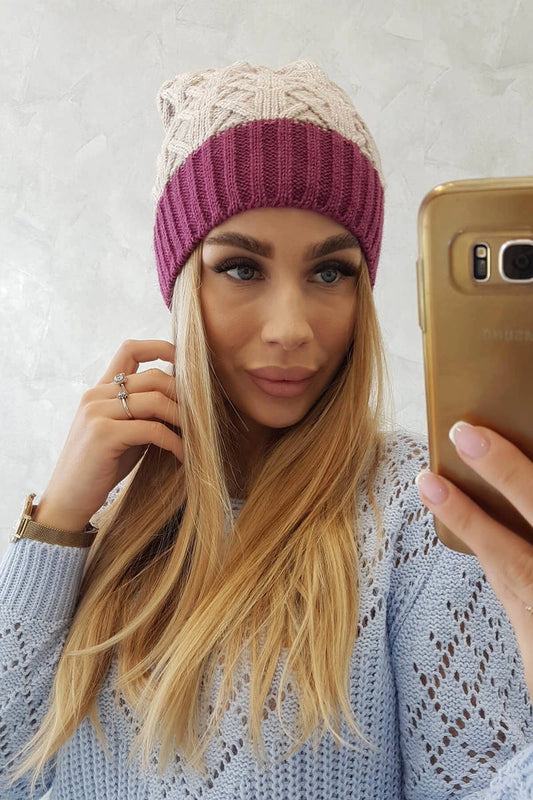Čapica s fleece Bibiana K264 tmavo fialová + svetlo béžová univerzálne