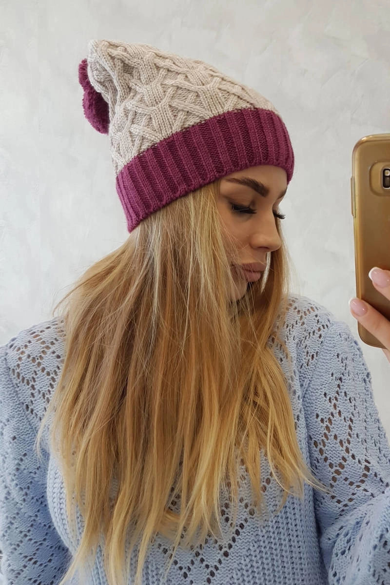 Čapica s fleece Bibiana K264 tmavo fialová + svetlo béžová univerzálne