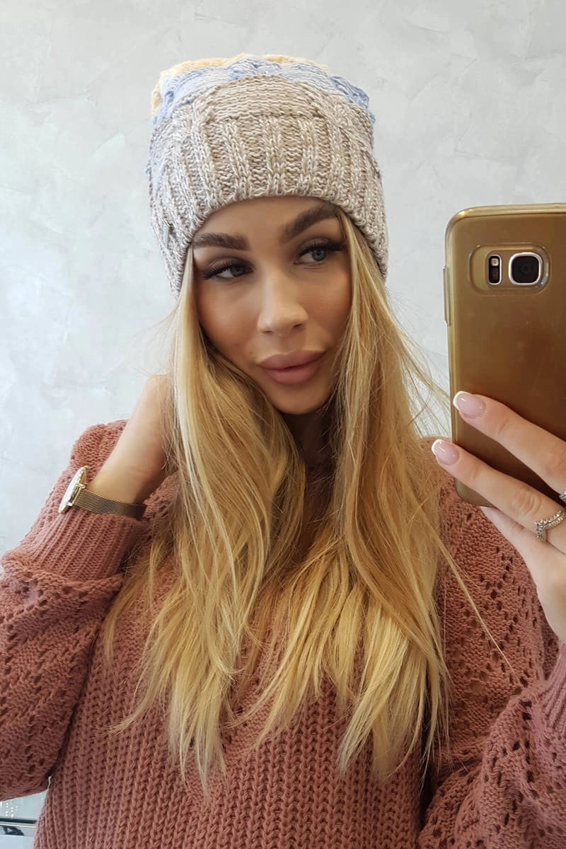 Čapica s fleece Dolores K303 tmavo béžová+modrá+žltá univerzálne