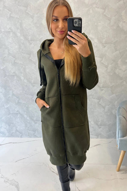 Dlhá zateplená mikina s kapucňou khaki univerzálne