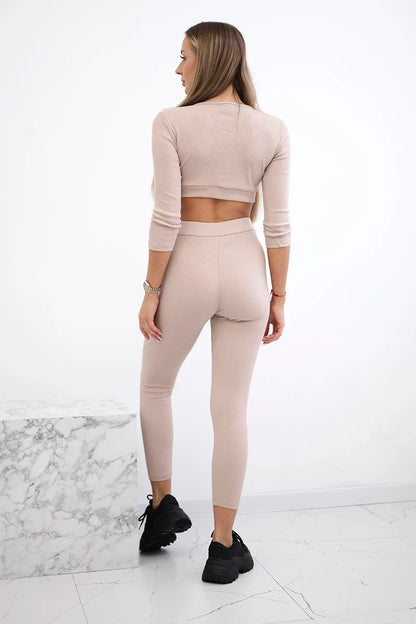 Rebrovaný crop top set svetlo béžová univerzálne