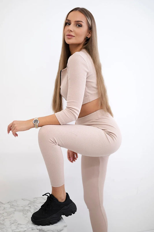 Rebrovaný crop top set svetlo béžová univerzálne