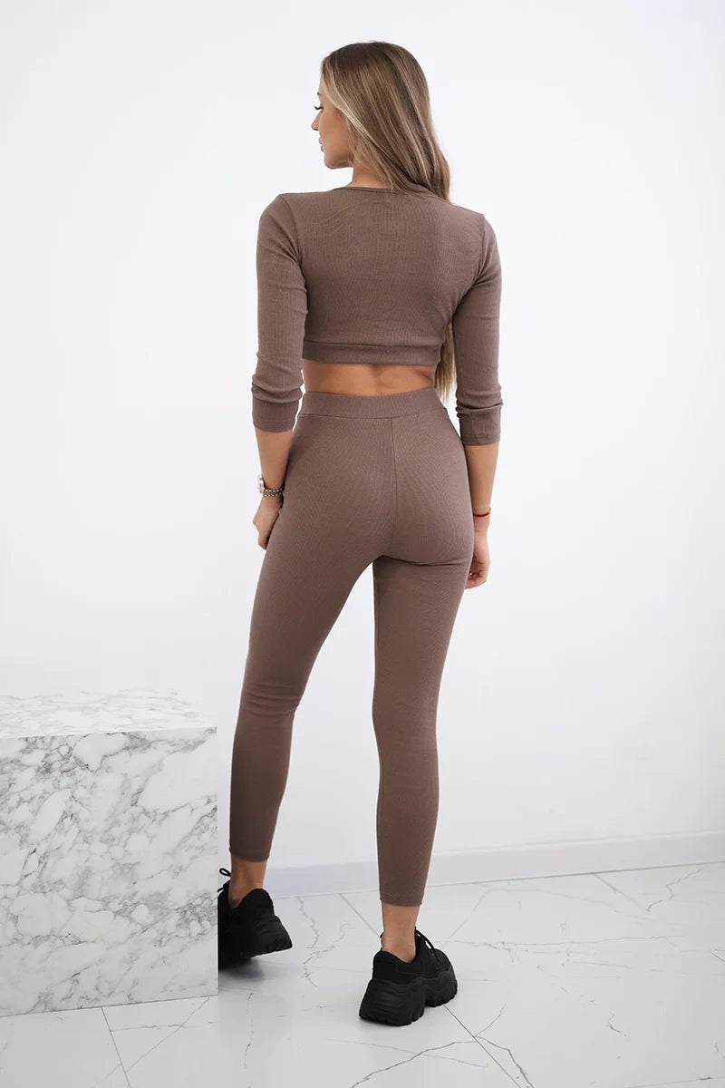 Rebrovaný crop top set moka univerzálne