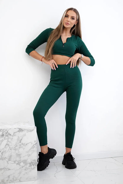 Rebrovaný crop top set tmavozelený univerzálne