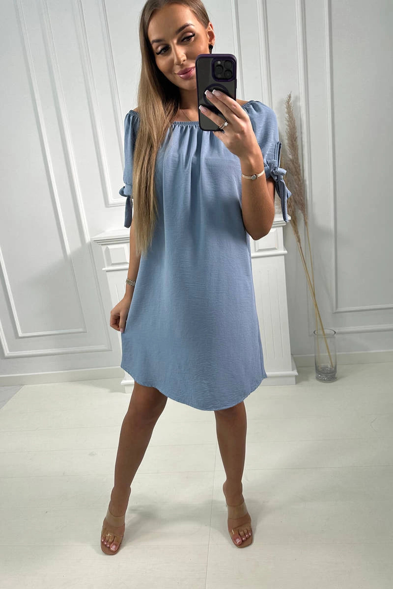 Šaty zaviazané na rukávoch svetlý denim univerzálne