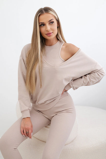 3-dielny set mikina + top + legíny svetlobéžová univerzálne