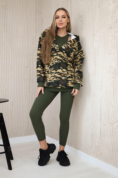 Souprava mikina - top - legíny khaki + béžová