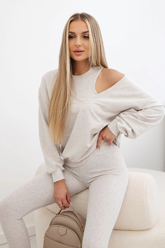 3-dielny set mikina + top + legíny béžová melanžová univerzálne