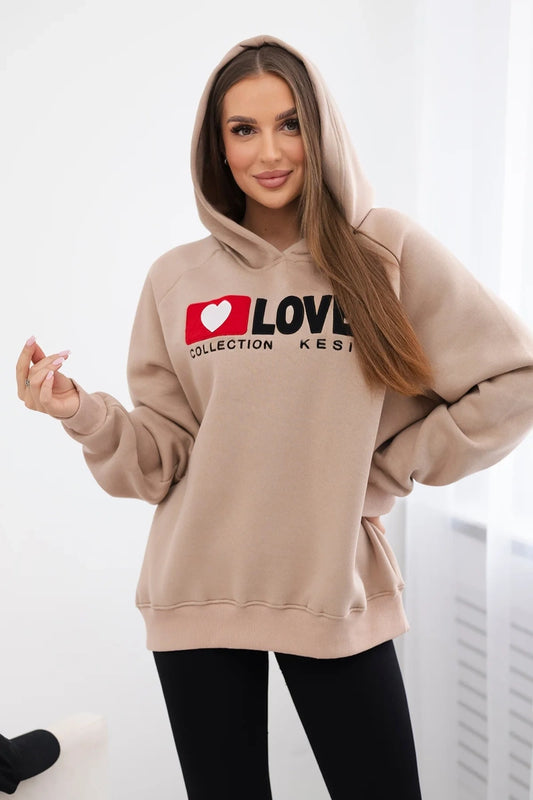 Zateplená bavlnená mikina s kapucňou Love tmavo béžová univerzálne