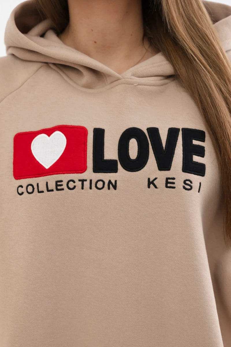 Zateplená bavlnená mikina s kapucňou Love tmavo béžová univerzálne
