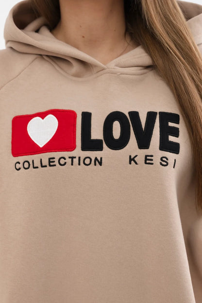 Zateplená bavlnená mikina s kapucňou Love tmavo béžová univerzálne
