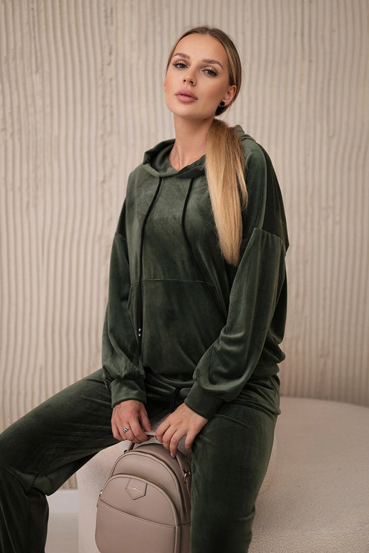 Velúrová súprava klokanie mikinové + nohavice khaki univerzálne