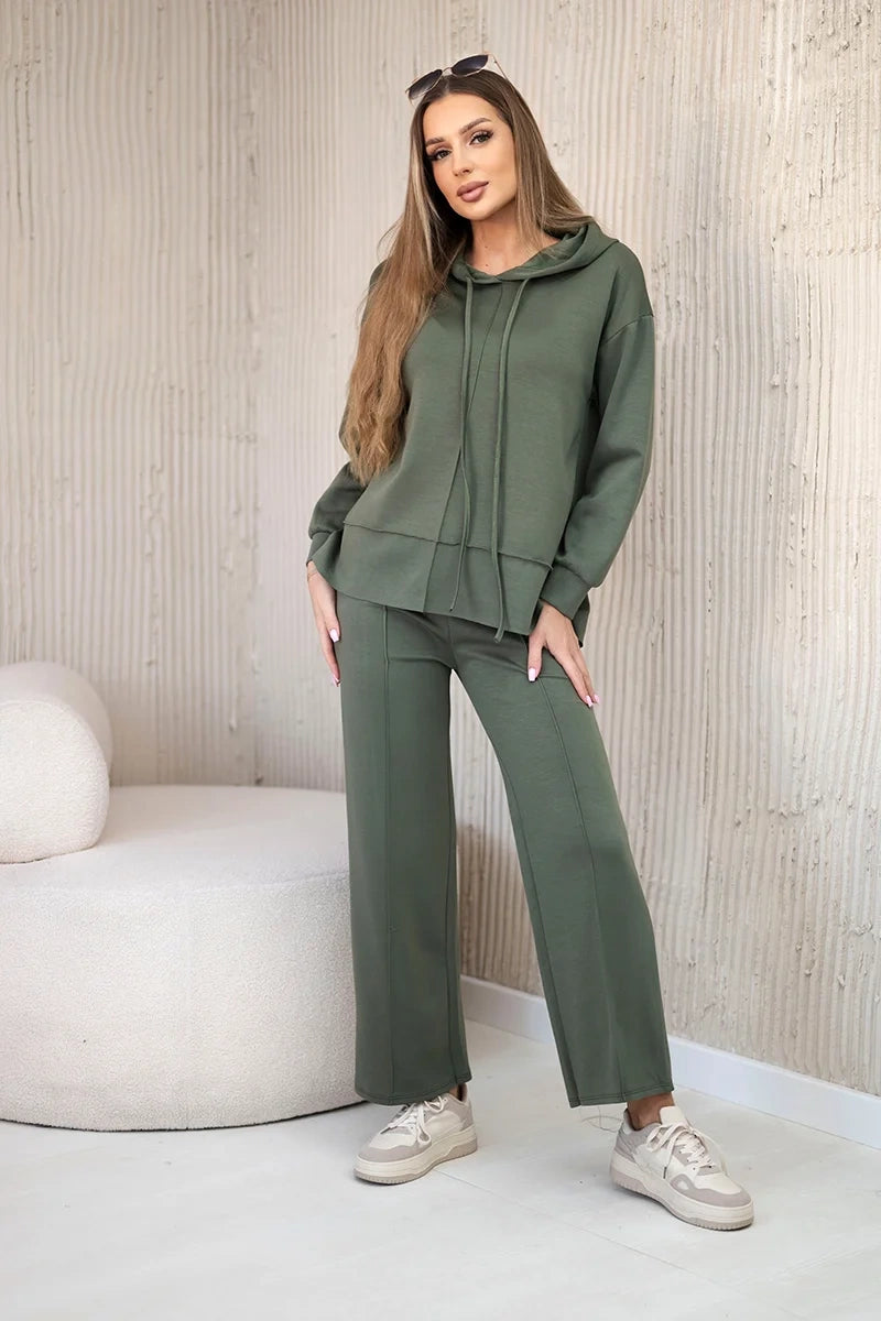 Set mikina s kapucňou + nohavice maslová látka khaki univerzálne