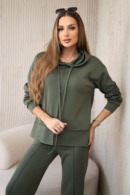 Set mikina s kapucňou + nohavice maslová látka khaki univerzálne