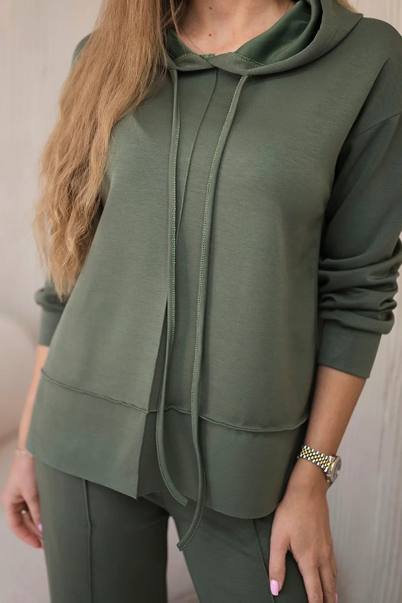 Set mikina s kapucňou + nohavice maslová látka khaki univerzálne