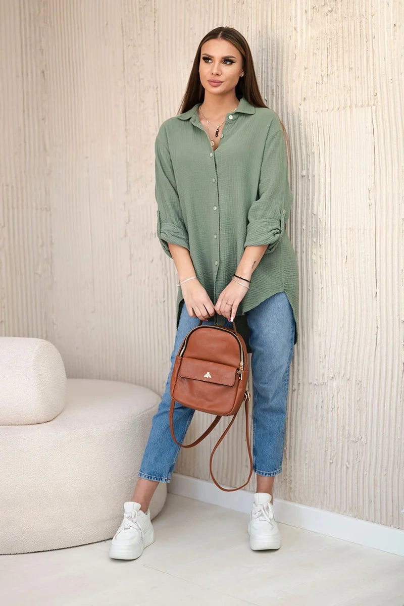 Bavlnená mušelínová košeľa oversize khaki univerzálne